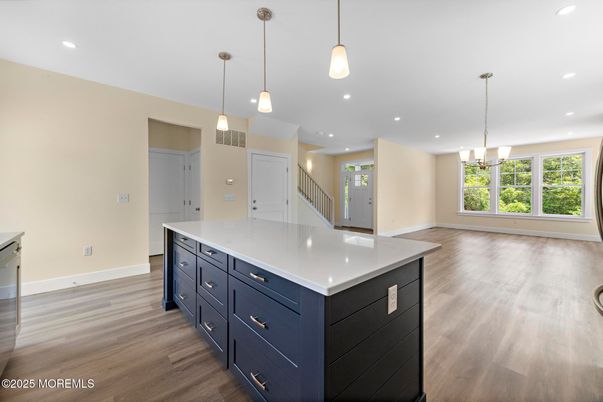 Empty room, Interior, Kitchen, Pendant Lights, Recessed Lighting, Wood Texture Flooring
