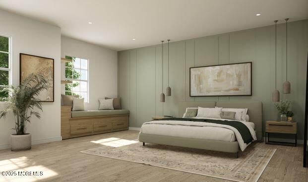 Bedroom, Interior, Pendant Lights, Recessed Lighting, Wood Texture Flooring