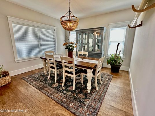 Dining room, Interior, Pendant Lights, Wood Texture Flooring