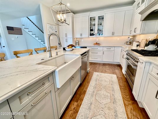 Interior, Kitchen, Pendant Lights, Recessed Lighting, Stainless Steel Appliances, Wood Texture Flooring