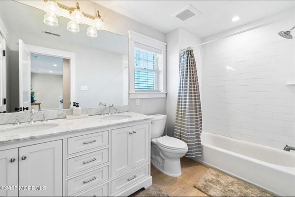 Bathroom, Dual Sink Vanities, Interior, Recessed Lighting, Wood Texture Flooring