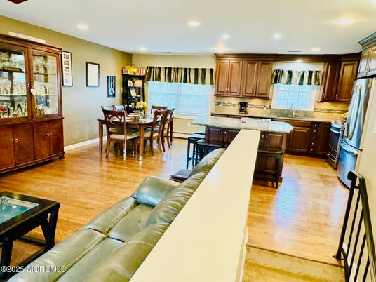 Dining room, Interior, Kitchen, Living room, Recessed Lighting, Wood Texture Flooring
