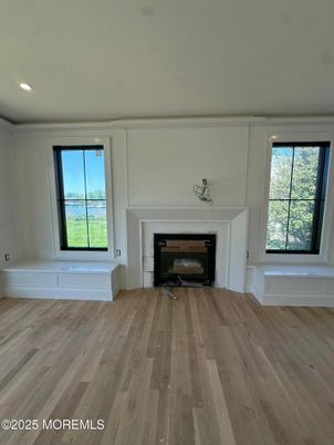 Empty room, Fireplace, Interior, Recessed Lighting, Wood Texture Flooring