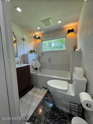 Bathroom, Glass Shower, Interior, Marble, Recessed Lighting
