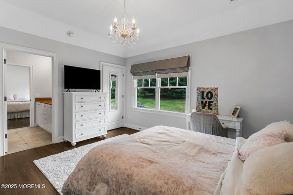 Bedroom, Chandelier, Interior, Wood Texture Flooring