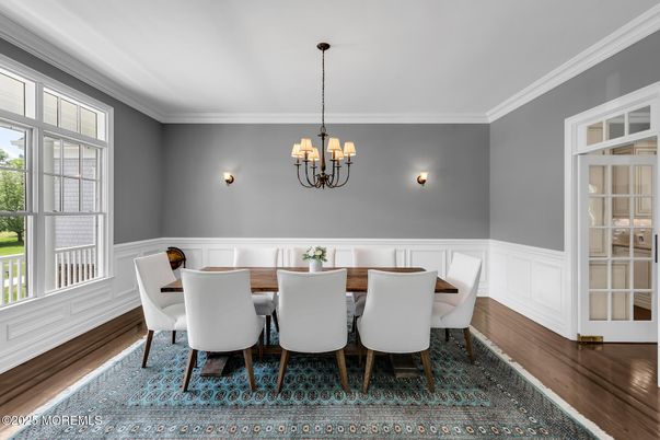 Chandelier, Dining room, Interior, Wood Texture Flooring