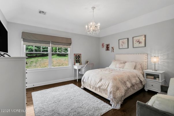 Bedroom, Chandelier, Interior, Wood Texture Flooring