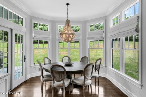 Dining room, Interior, Pendant Lights, Wood Texture Flooring