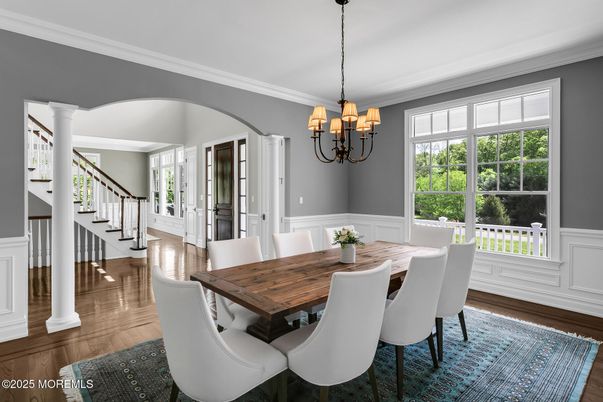 Chandelier, Dining room, Interior, Wood Texture Flooring