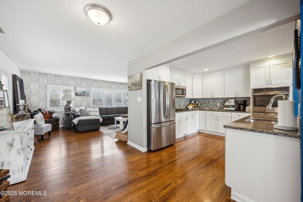 Interior, Kitchen, Living room, Recessed Lighting, Stainless Steel Appliances, Wood Texture Flooring