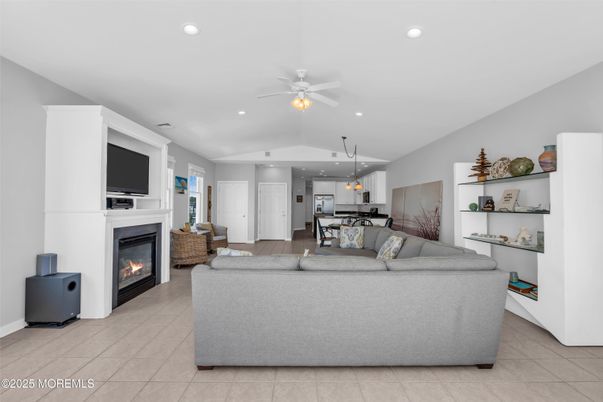 Dining room, Fireplace, Interior, Kitchen, Living room, Pendant Lights, Recessed Lighting