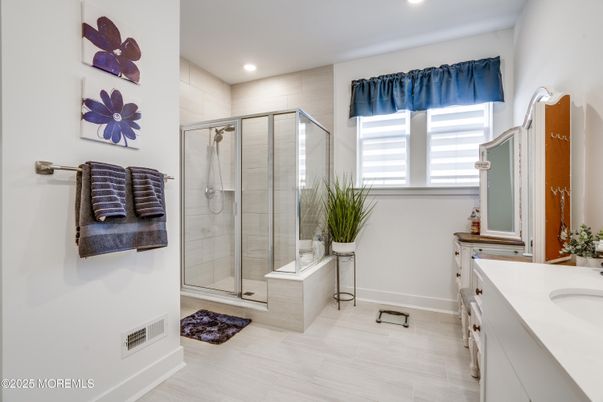 Bathroom, Glass Shower, Interior, Recessed Lighting, Wood Texture Flooring
