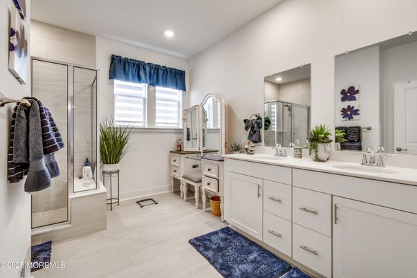 Bathroom, Dual Sink Vanities, Glass Shower, Interior, Recessed Lighting, Wood Texture Flooring