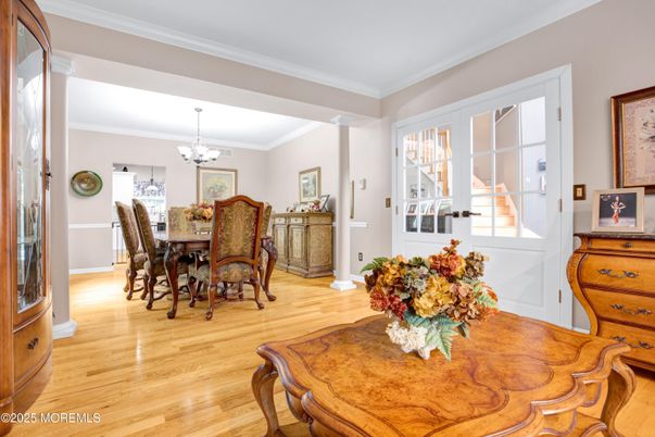 Chandelier, Dining room, Interior, Wood Texture Flooring