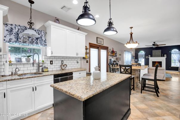 Dining room, Fireplace, Interior, Kitchen, Living room, Pendant Lights, Recessed Lighting