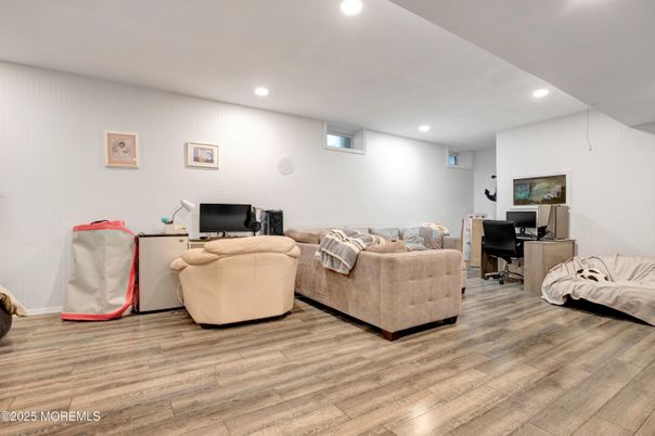Home Office, Interior, Living room, Recessed Lighting, Wood Texture Flooring