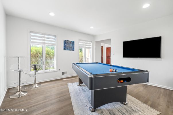 Billiard Table, Game Room, Interior, Recessed Lighting, Wood Texture Flooring