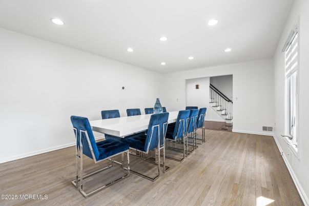 Dining room, Interior, Recessed Lighting, Wood Texture Flooring