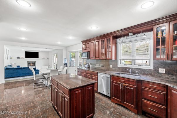 Dining room, Fireplace, Interior, Kitchen, Living room, Recessed Lighting, Stainless Steel Appliances