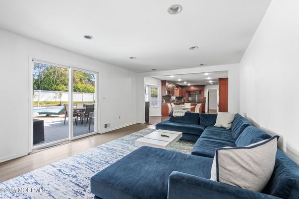 Interior, Kitchen, Living room, Recessed Lighting, Stainless Steel Appliances, Wood Texture Flooring