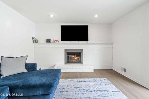 Fireplace, Interior, Recessed Lighting, Wood Texture Flooring