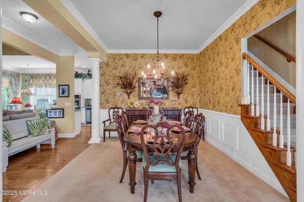 Chandelier, Dining room, Interior, Pendant Lights, Wood Texture Flooring