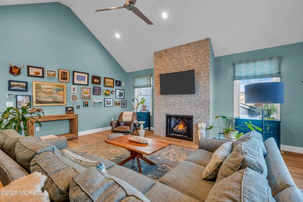 Fireplace, Interior, Living room, Recessed Lighting, Wood Texture Flooring