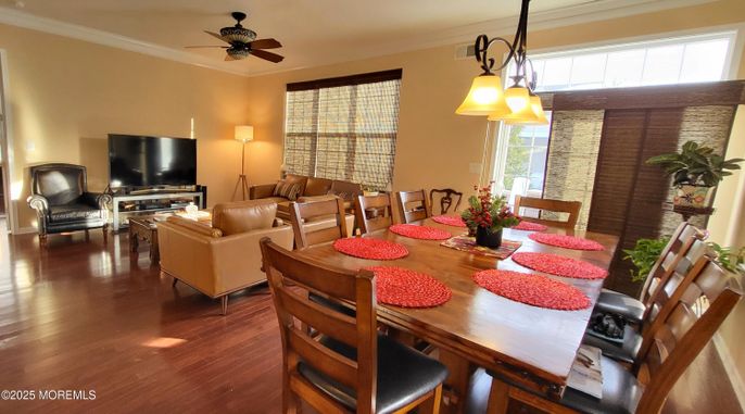 Dining room, Interior, Living room, Pendant Lights, Wood Texture Flooring