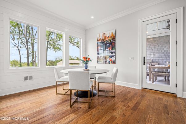 Dining room, Interior, Recessed Lighting, Wood Texture Flooring
