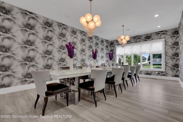 Dining room, Interior, Pendant Lights, Recessed Lighting, Wood Texture Flooring