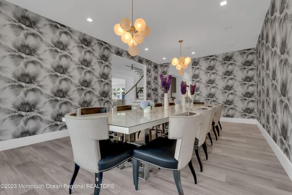 Dining room, Interior, Pendant Lights, Recessed Lighting, Wood Texture Flooring