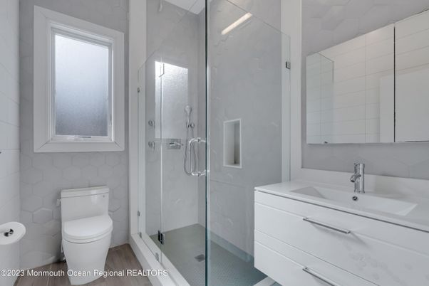 Bathroom, Glass Shower, Interior, Wood Texture Flooring