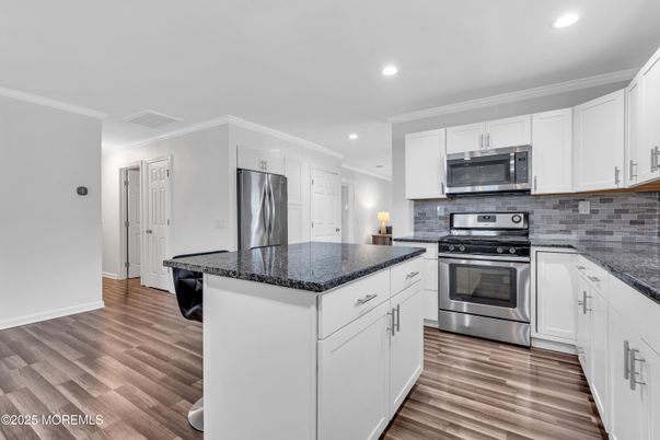 Interior, Kitchen, Recessed Lighting, Stainless Steel Appliances, Wood Texture Flooring