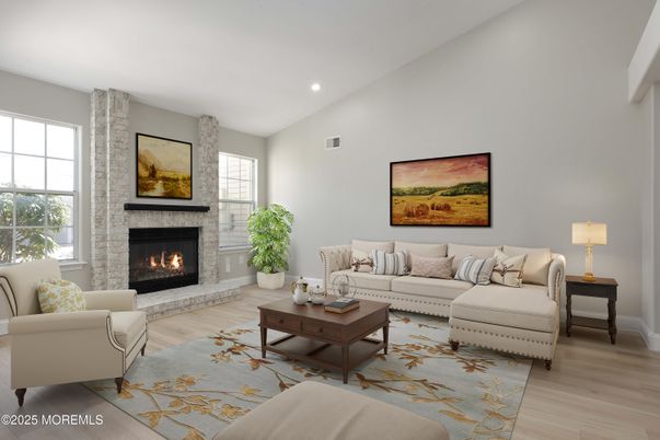 Fireplace, Interior, Living room, Recessed Lighting, Wood Texture Flooring