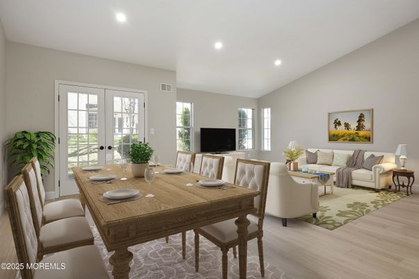 Dining room, Interior, Living room, Recessed Lighting, Wood Texture Flooring