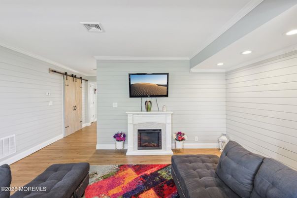 Fireplace, Interior, Recessed Lighting, Wood Texture Flooring
