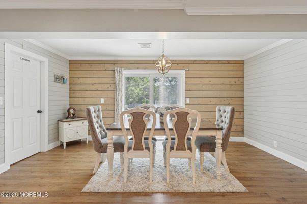 Dining room, Interior, Pendant Lights, Wood Texture Flooring, Wooden Walls