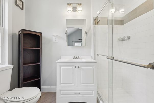 Bathroom, Glass Shower, Interior, Wood Texture Flooring