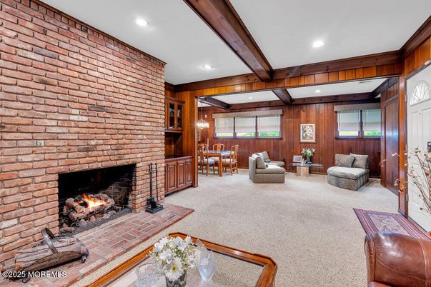 Dining room, Fireplace, Interior, Living room, Recessed Lighting, Stone Walls, Wooden Beams, Wooden Walls