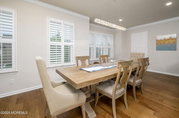 Dining room, Interior, Pendant Lights, Recessed Lighting, Wood Texture Flooring