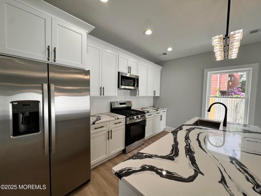 Interior, Kitchen, Pendant Lights, Recessed Lighting, Stainless Steel Appliances, Wood Texture Flooring