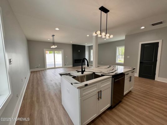 Interior, Kitchen, Pendant Lights, Recessed Lighting, Wood Texture Flooring