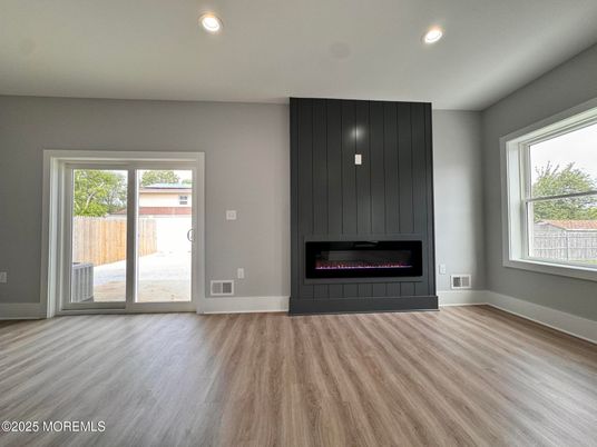 Empty room, Fireplace, Interior, Recessed Lighting, Wood Texture Flooring