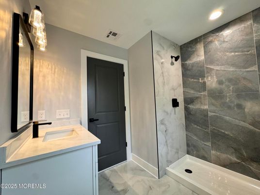 Bathroom, Glass Shower, Interior, Marble, Marble Walls, Recessed Lighting