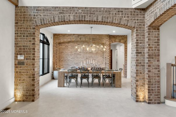 Chandelier, Dining room, Interior, Pendant Lights, Recessed Lighting, Stone Walls