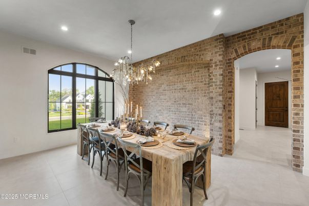 Chandelier, Dining room, Interior, Recessed Lighting, Stone Walls