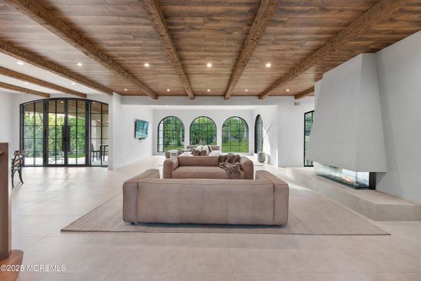 Fireplace, Interior, Living room, Recessed Lighting, Wooden Beams, Wooden Ceilings