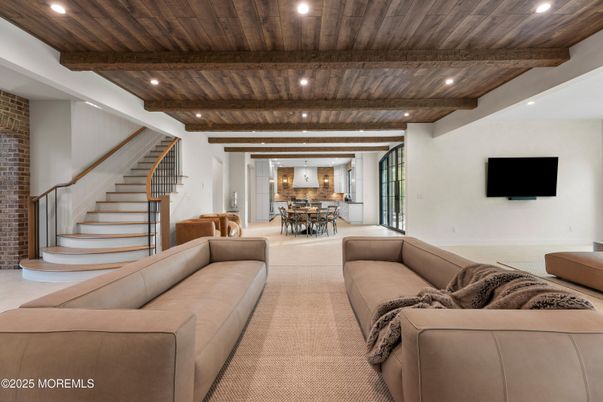 Dining room, Interior, Living room, Recessed Lighting, Stone Walls, Wooden Beams, Wooden Ceilings