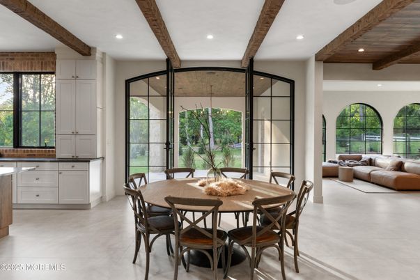 Dining room, Interior, Living room, Recessed Lighting, Wooden Beams