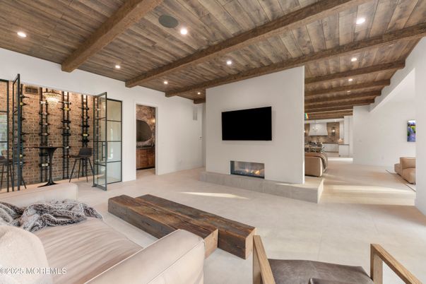 Fireplace, Interior, Living room, Recessed Lighting, Wine Storage, Wooden Beams, Wooden Ceilings